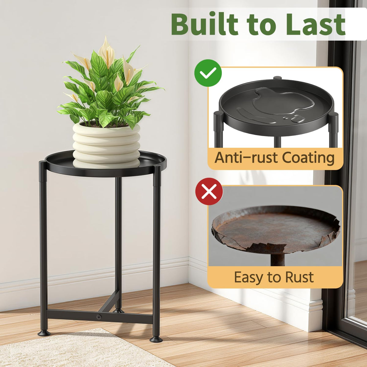 LASZOLA plant stand shows sturdy triangular legs for solid balance