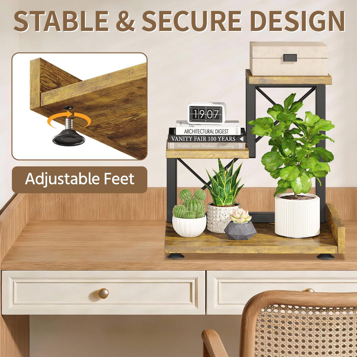 LASZOLA vertical-space-saving design maximizes desk area for plants.