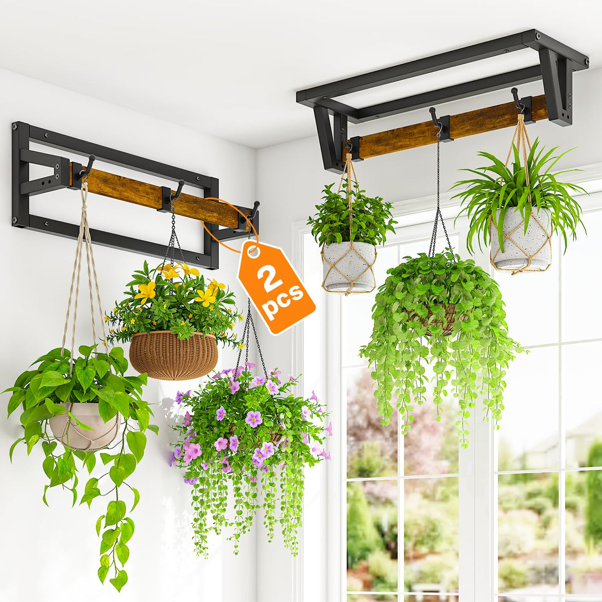 LASZOLA wall-mount plant hanger shows six sturdy hooks for tidy, elevated greenery.