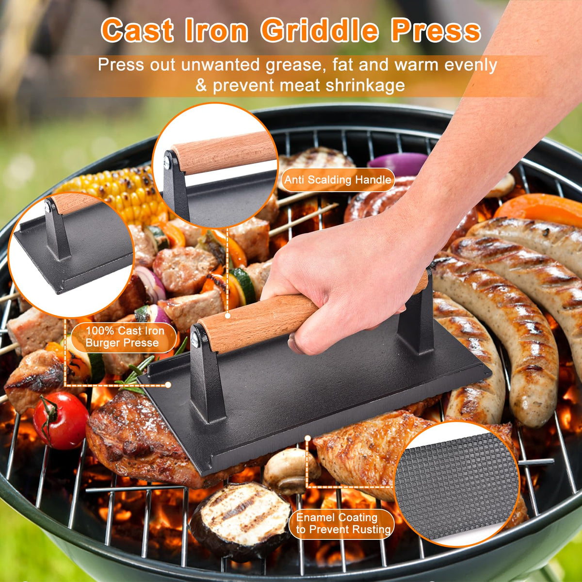 Latiret griddle press for even searing across the surface.
