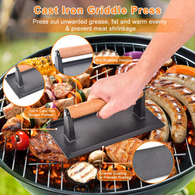 Latiret griddle press for even searing across the surface.
