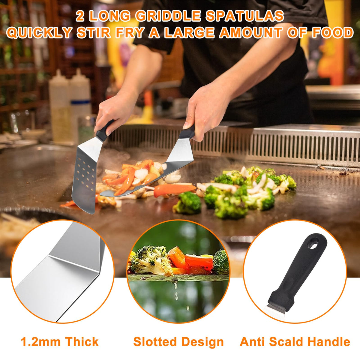 Latiret slotted spatula lifting delicate foods on Blackstone