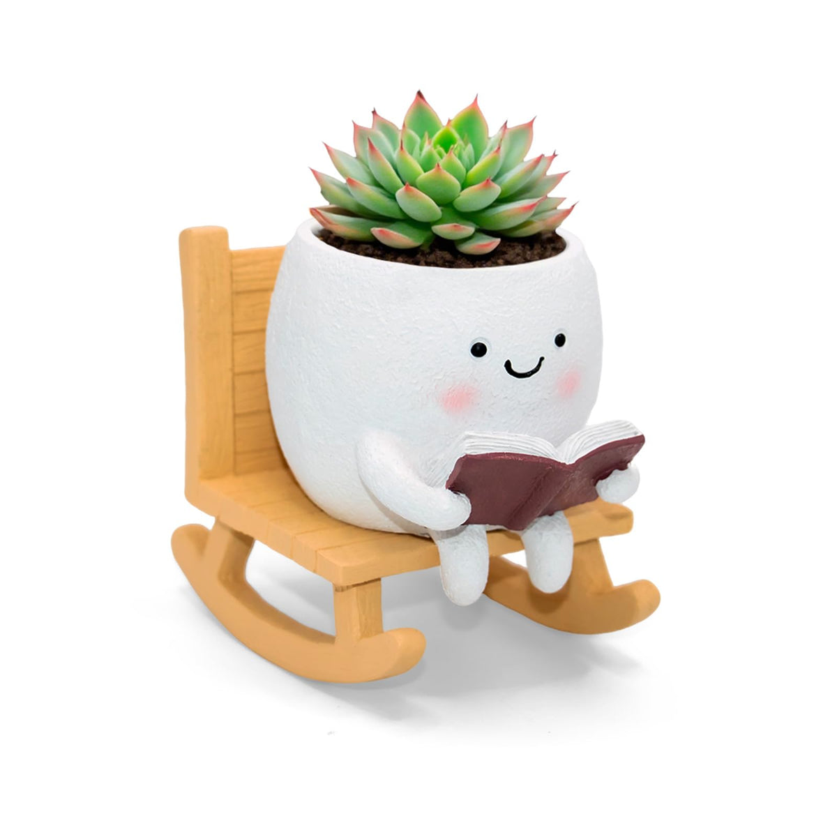 LAUGOKOBE Smily Face Reading Book Planter Pot, resin rocking chair, ideal for indoor succulents and small plants