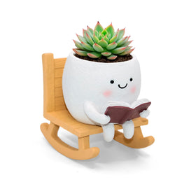 LAUGOKOBE Smily Face Reading Book Planter Pot, resin rocking chair, ideal for indoor succulents and small plants
