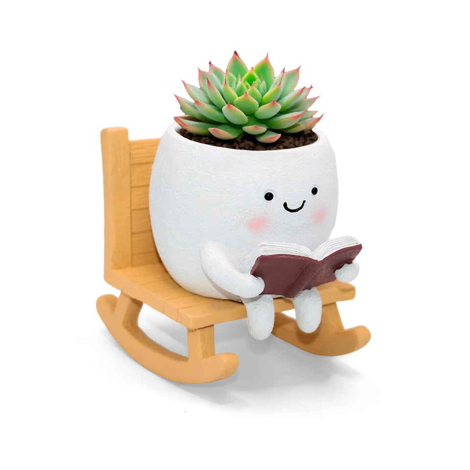 LAUGOKOBE Smily Face Reading Book Planter Pot, resin rocking chair, ideal for indoor succulents and small plants