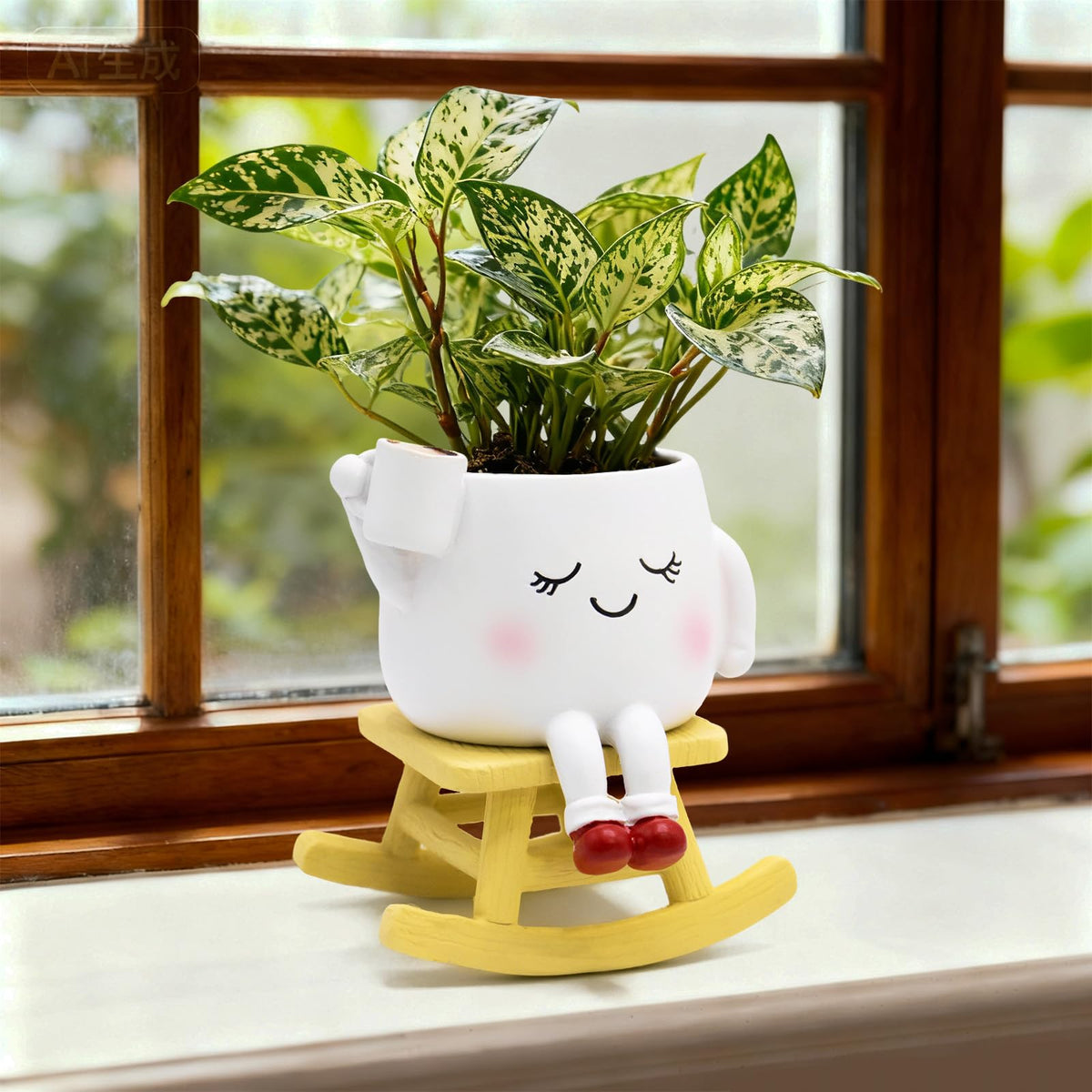 LAUGOKOBE Smily Face Rocking Chair Planter in white adds whimsy to indoor and outdoor spaces