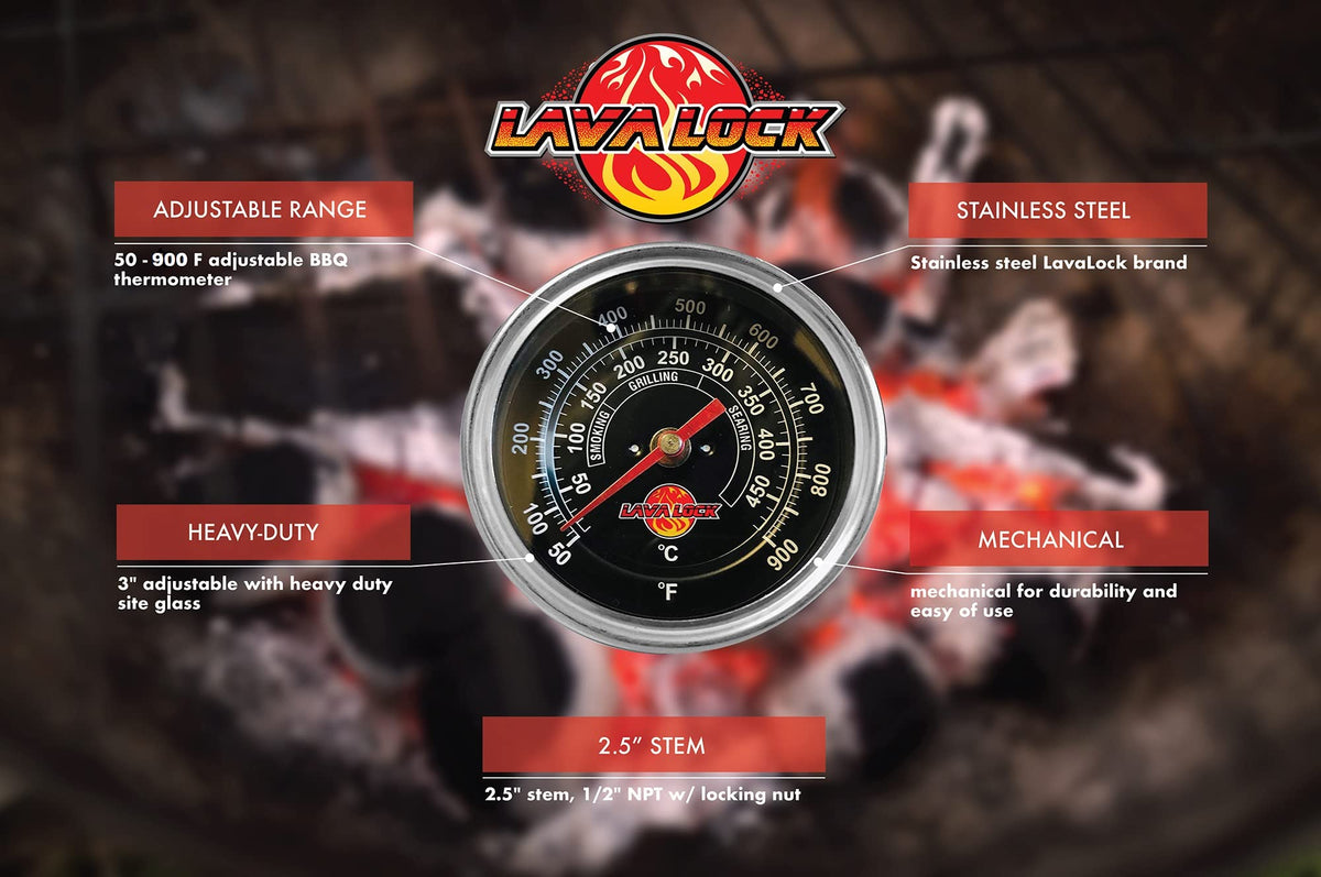 LavaLock thermometer 2-inch stem shown for precise placement in smokers
