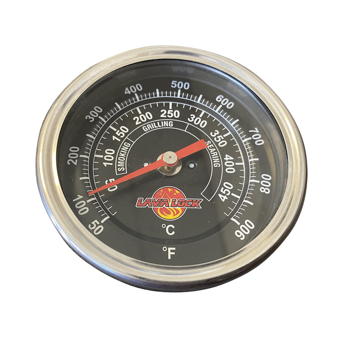 LavaLock thermometer shown fitting steel offset and gravity-feed cookers