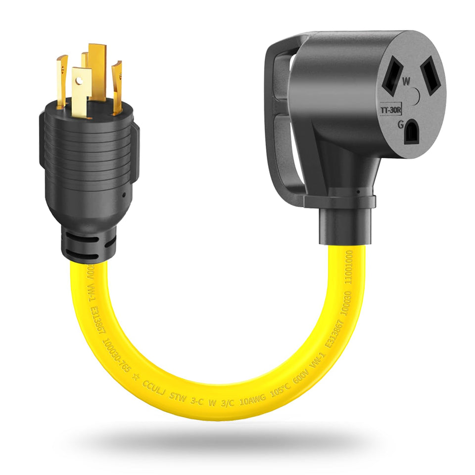LAVANDINO locking plug L14-30P for secure generator to RV connections.