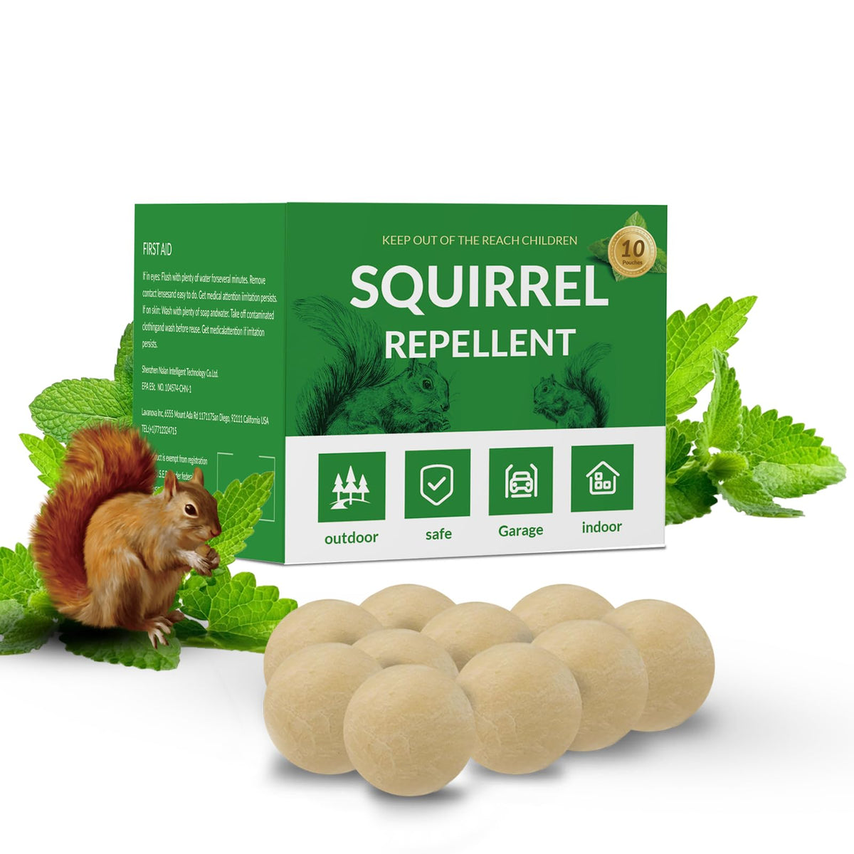 LAVANOVA Squirrel Repellent packaging shows mint scent and natural ingredients.