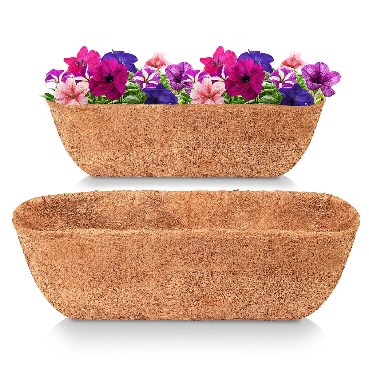 This LAVEVE 36-inch trough coco liner brown pack is shown in a front view for hanging baskets.