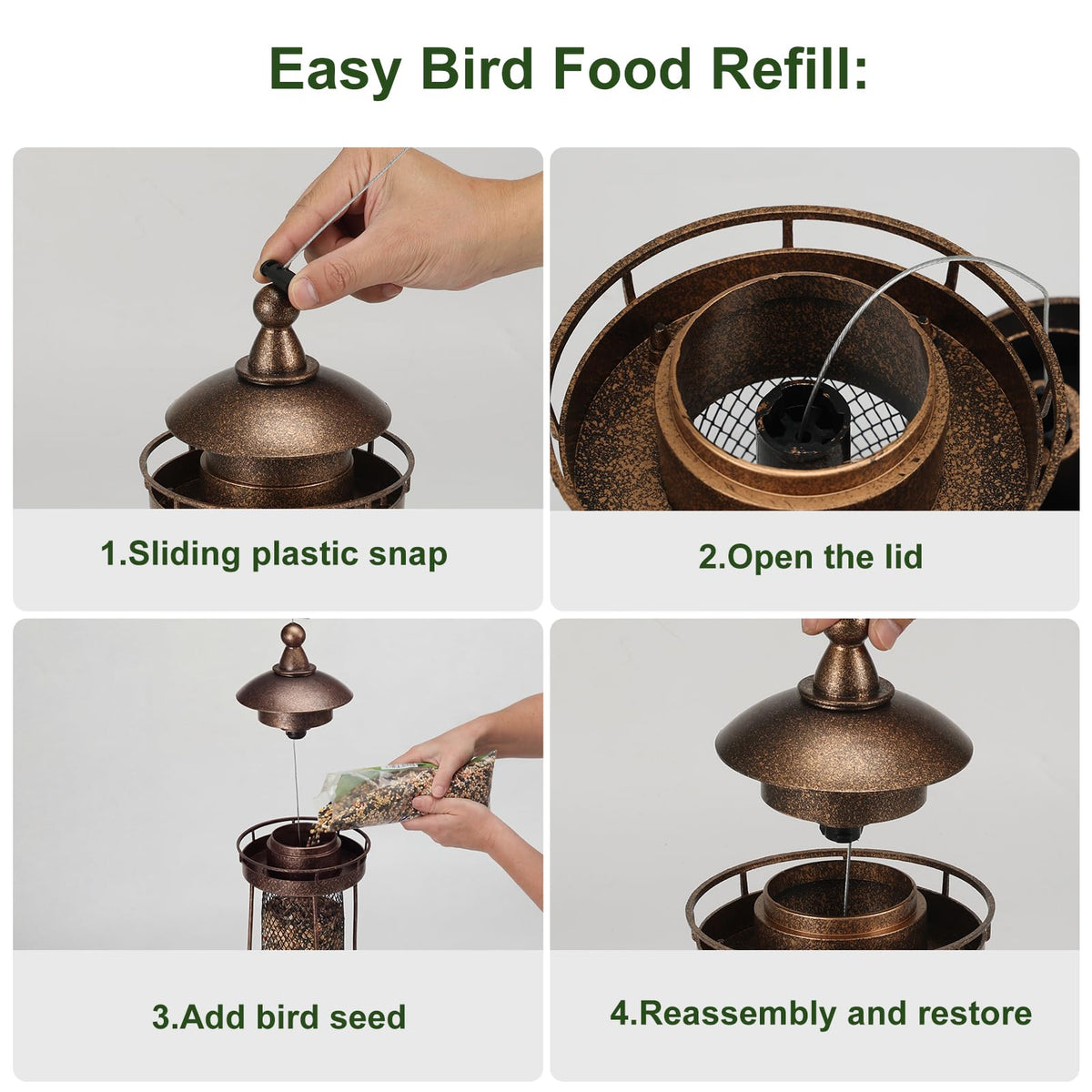 Lavezee Bird Feeder top lid refill simplifies refilling quickly.