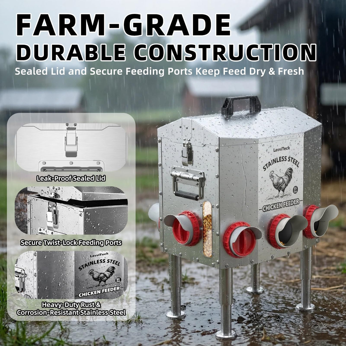 LavviTech lockable lid keeps feed dry and protected outdoors