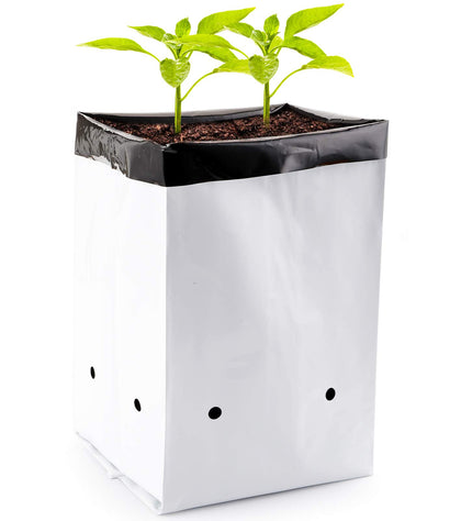 Lawei 1-gallon grow bag front view with black interior and white exterior, ready for seedlings