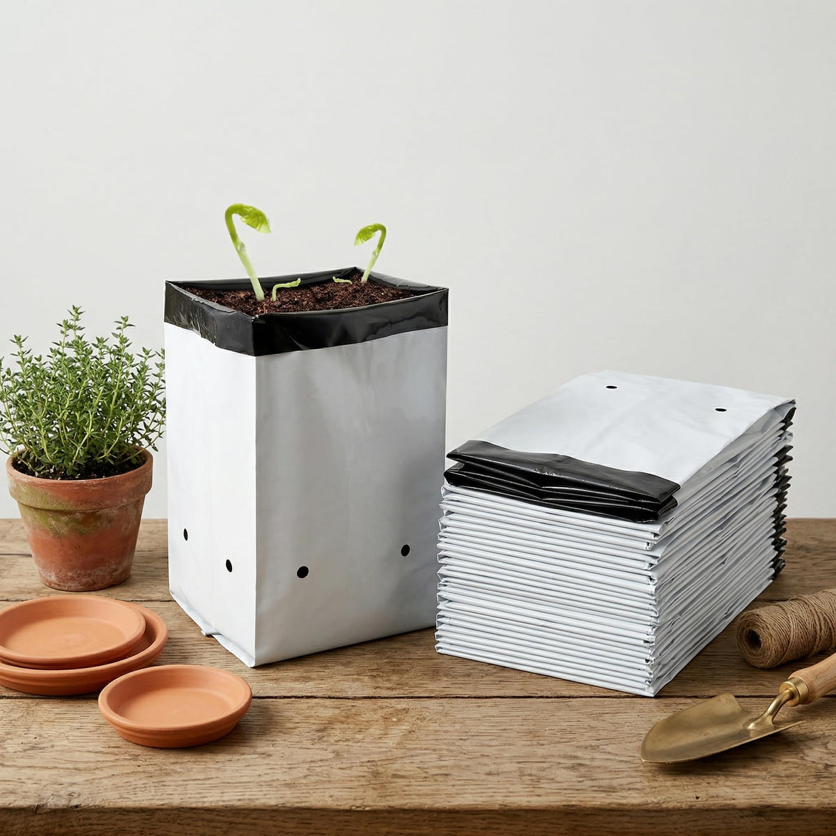 Lawei 1-gallon grow bag on a bench illustrating space-saving garden setup