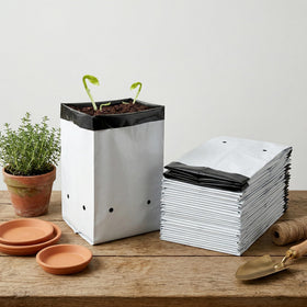 Lawei 1-gallon grow bag on a bench illustrating space-saving garden setup