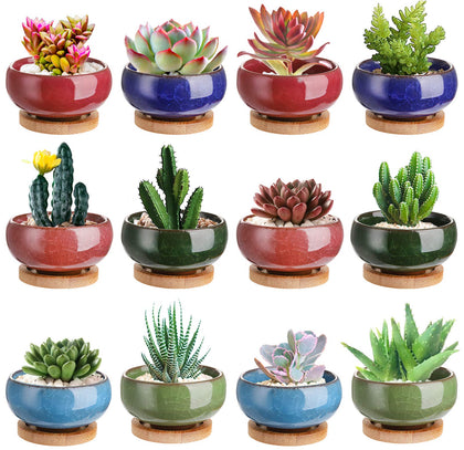 Lawei ice crack ceramic succulent pot with bamboo tray on bright windowsill