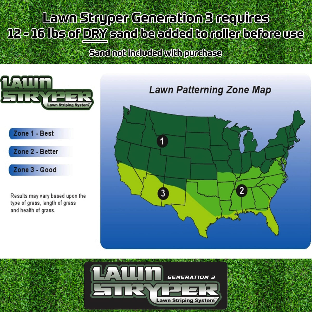 Lawn Stryper Gen 3 dry sand added to roller boosts stripe definition