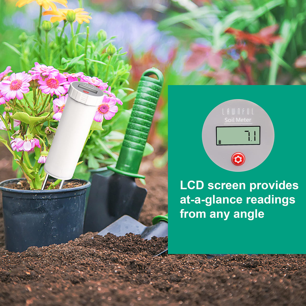 LAWNFUL Digital Soil pH Meter display shows clear pH results.