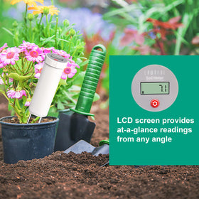 LAWNFUL Digital Soil pH Meter display shows clear pH results.