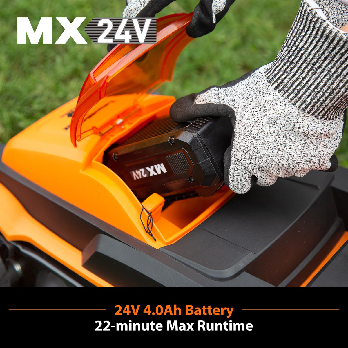LawnMaster 24V Max 4Ah battery powering cordless mowing sessions.