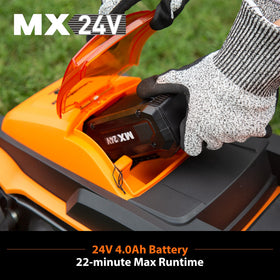 LawnMaster 24V Max 4Ah battery powering cordless mowing sessions.
