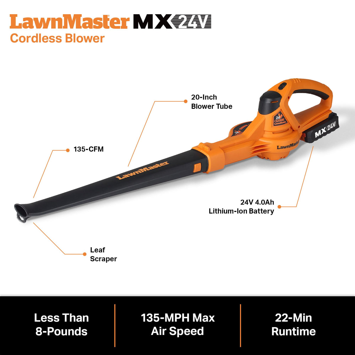 LawnMaster 24VMWBL twin 4.0Ah batteries power extended mowing and blowing.