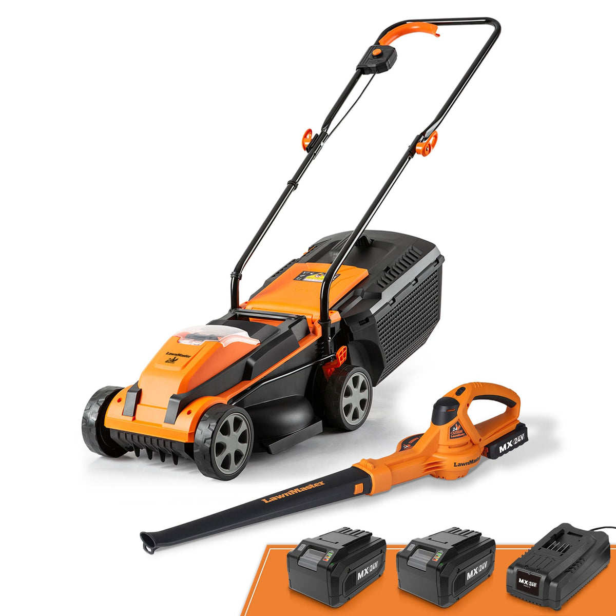 LawnMaster 24VMWBL mower deck at 13-inch width for easy lawn edges.