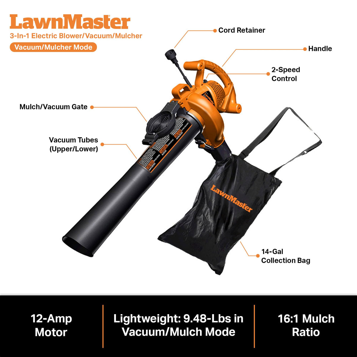 LawnMaster BV1210 lightweight design improves maneuverability