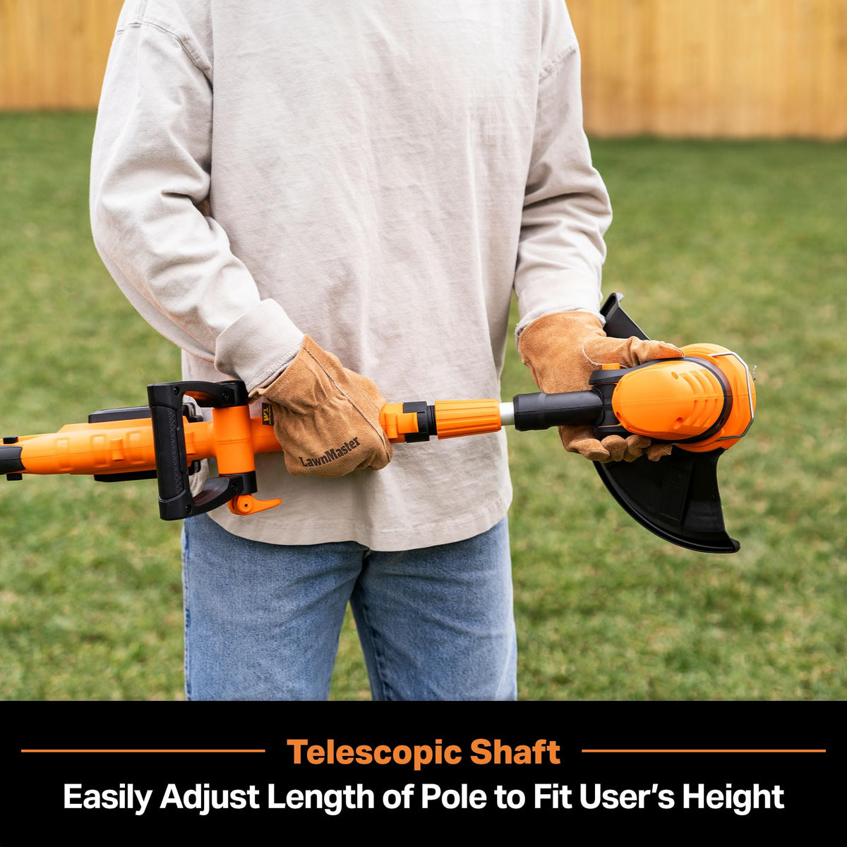 LawnMaster CLGT2410S retractable guard protects plants during trimming