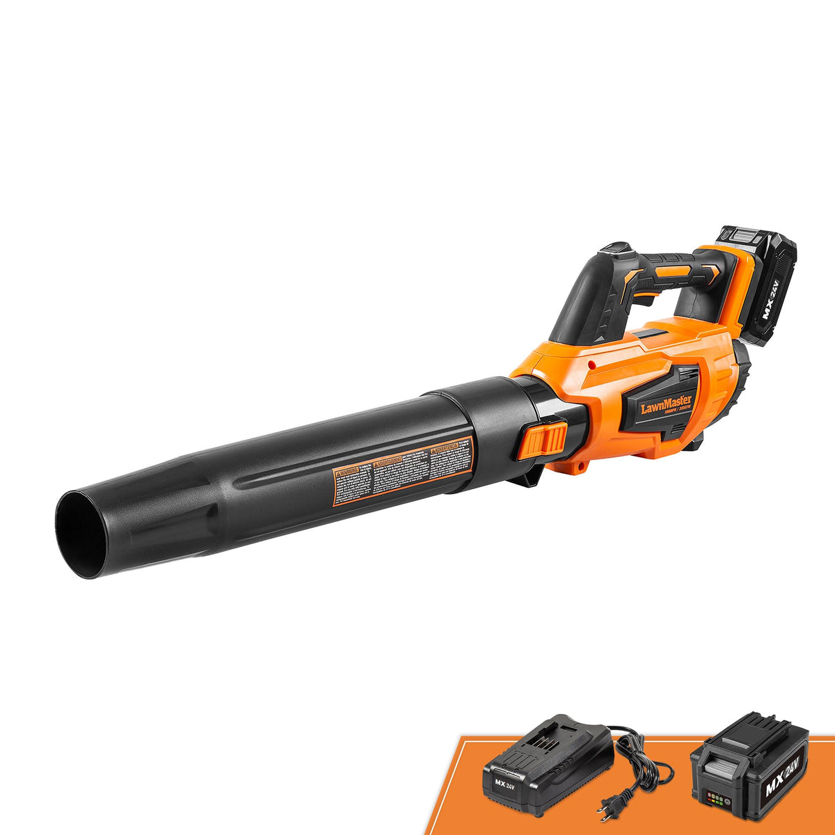 LawnMaster leaf blower 24V Max demonstrates powerful air for fast yard cleanup