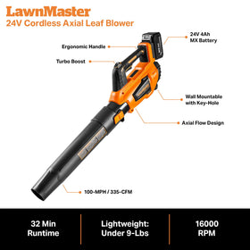 LawnMaster turbo boost mode delivers extra airflow for stubborn debris