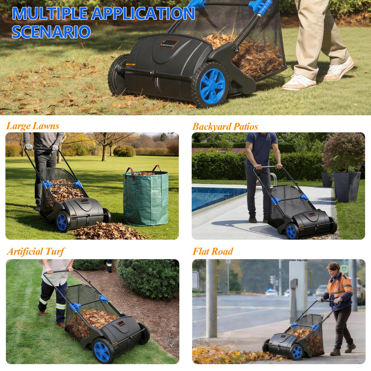 Lawnworld 21 Inch Leaf and Lawn Sweeper adjustable brush height feature.