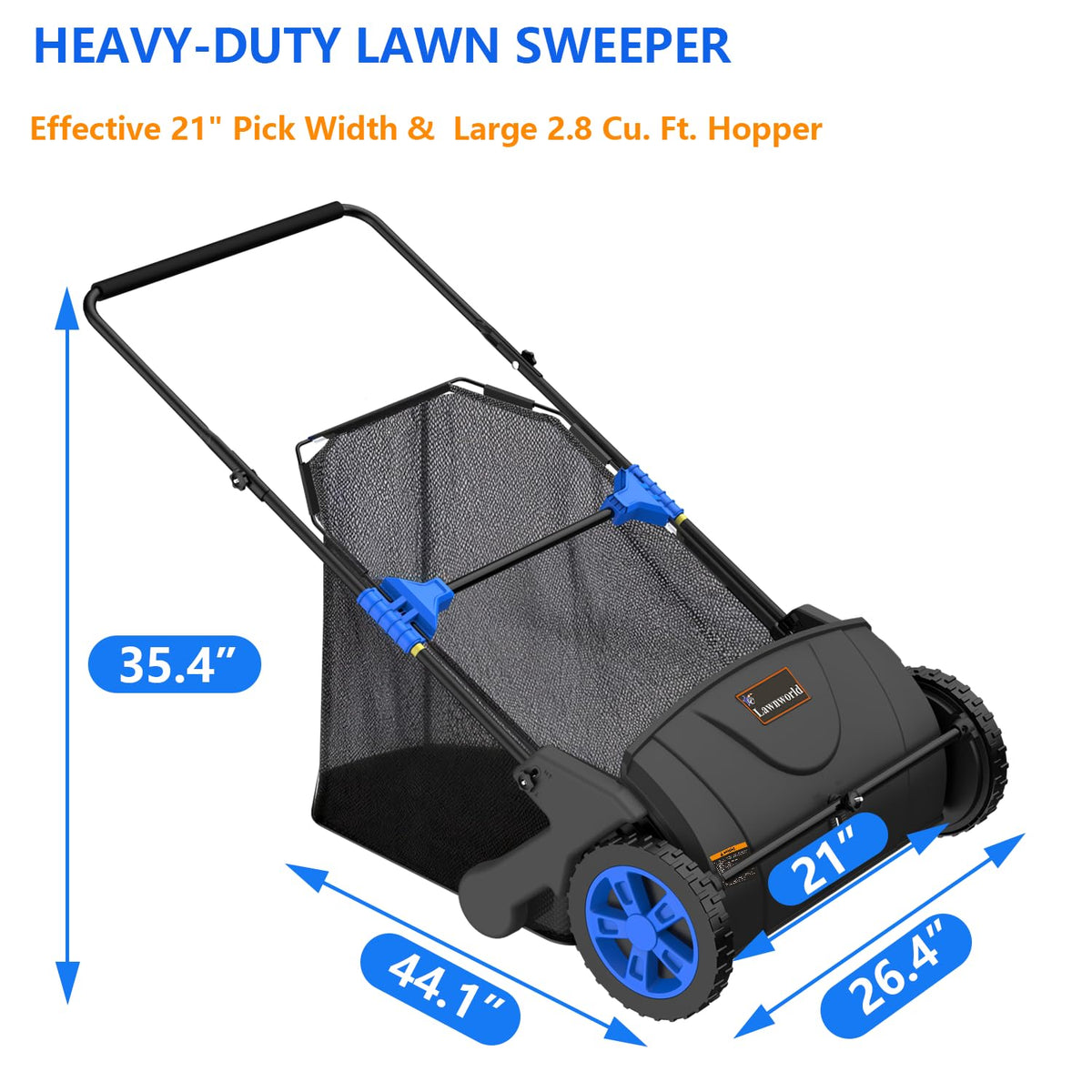 Lawnworld 21 Inch Leaf and Lawn Sweeper capturing leaves in a single pass.