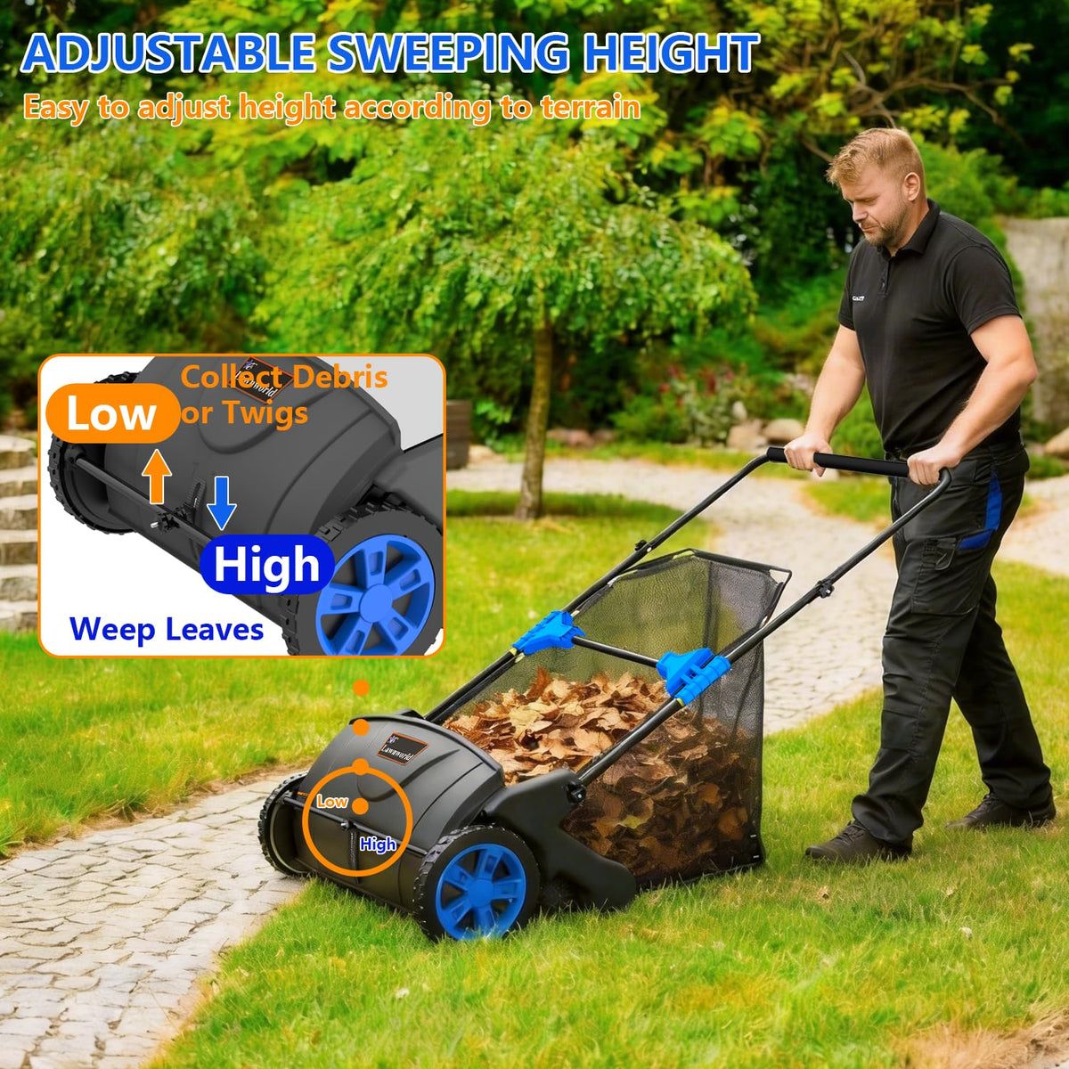 Lawnworld 21 Inch Leaf and Lawn Sweeper in use demonstrates effortless yard cleanup.