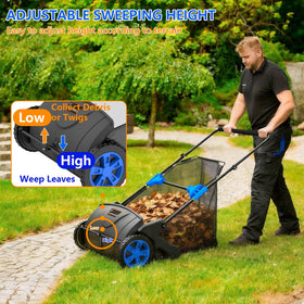 Lawnworld 21 Inch Leaf and Lawn Sweeper in use demonstrates effortless yard cleanup.