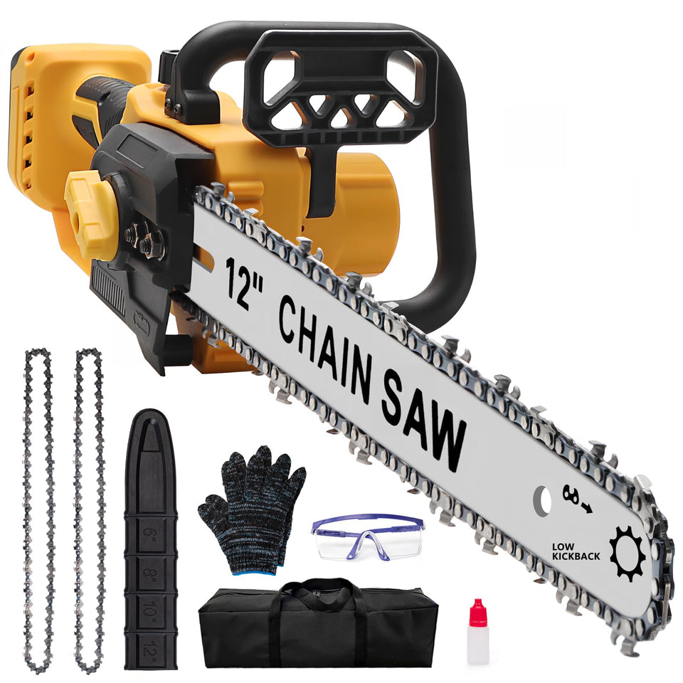 Laxsima 12‑inch cordless chainsaw with battery not included, versatile for wood cutting.
