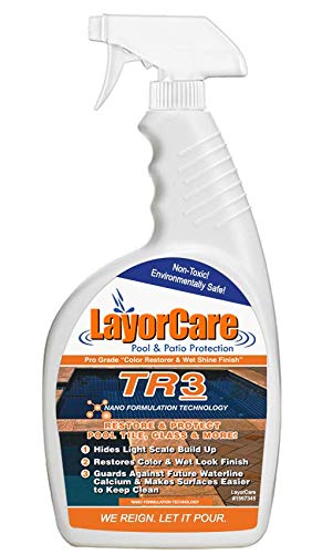 LayorCare Pool Tile Sealer bottle shows a protective coating for outdoor pool tiles.