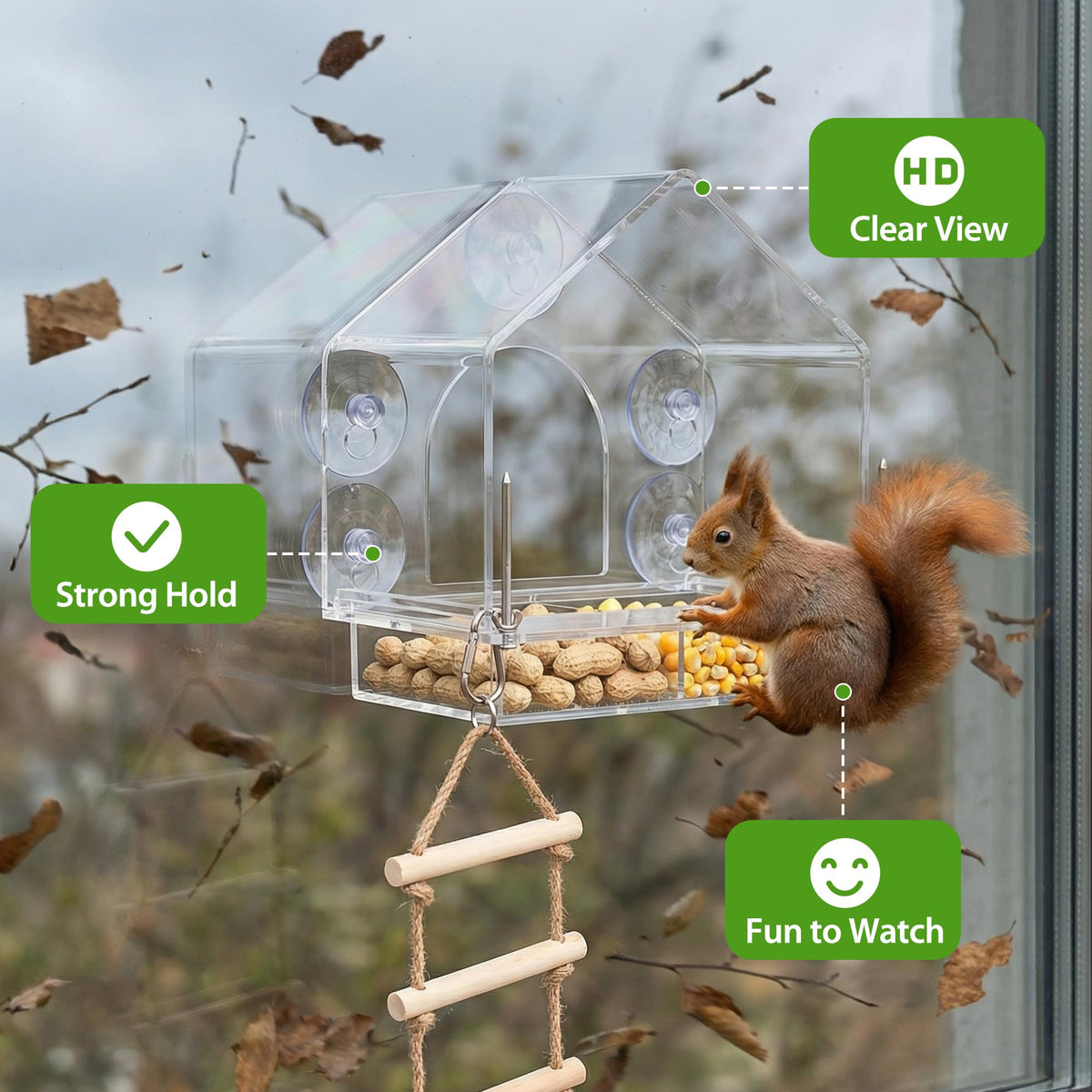 Lazukes Window Squirrel Feeder built-in drainage keeps food dry outdoors