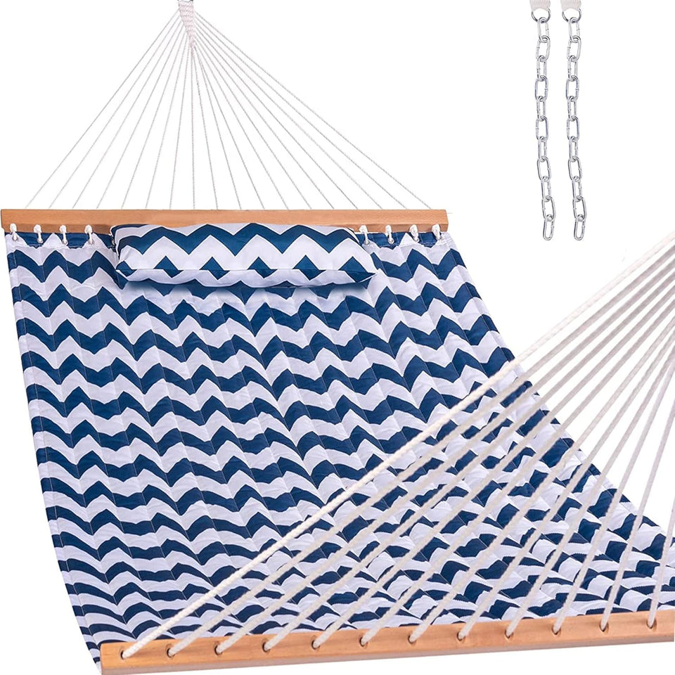 Lazy Daze Hammocks 12ft quilted double hammock in blue chevron for relaxing two-person lounging.