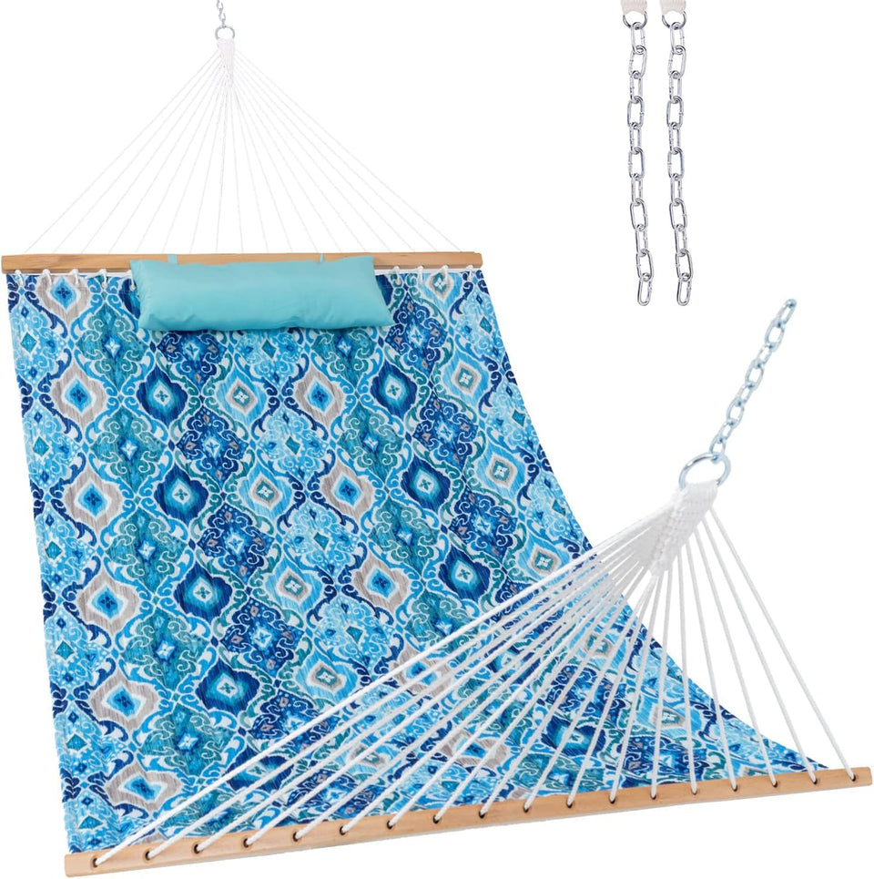 Lazy Daze Hammocks 12ft quilted hammock setup showcases easy hanging and relaxing outdoor lounging.