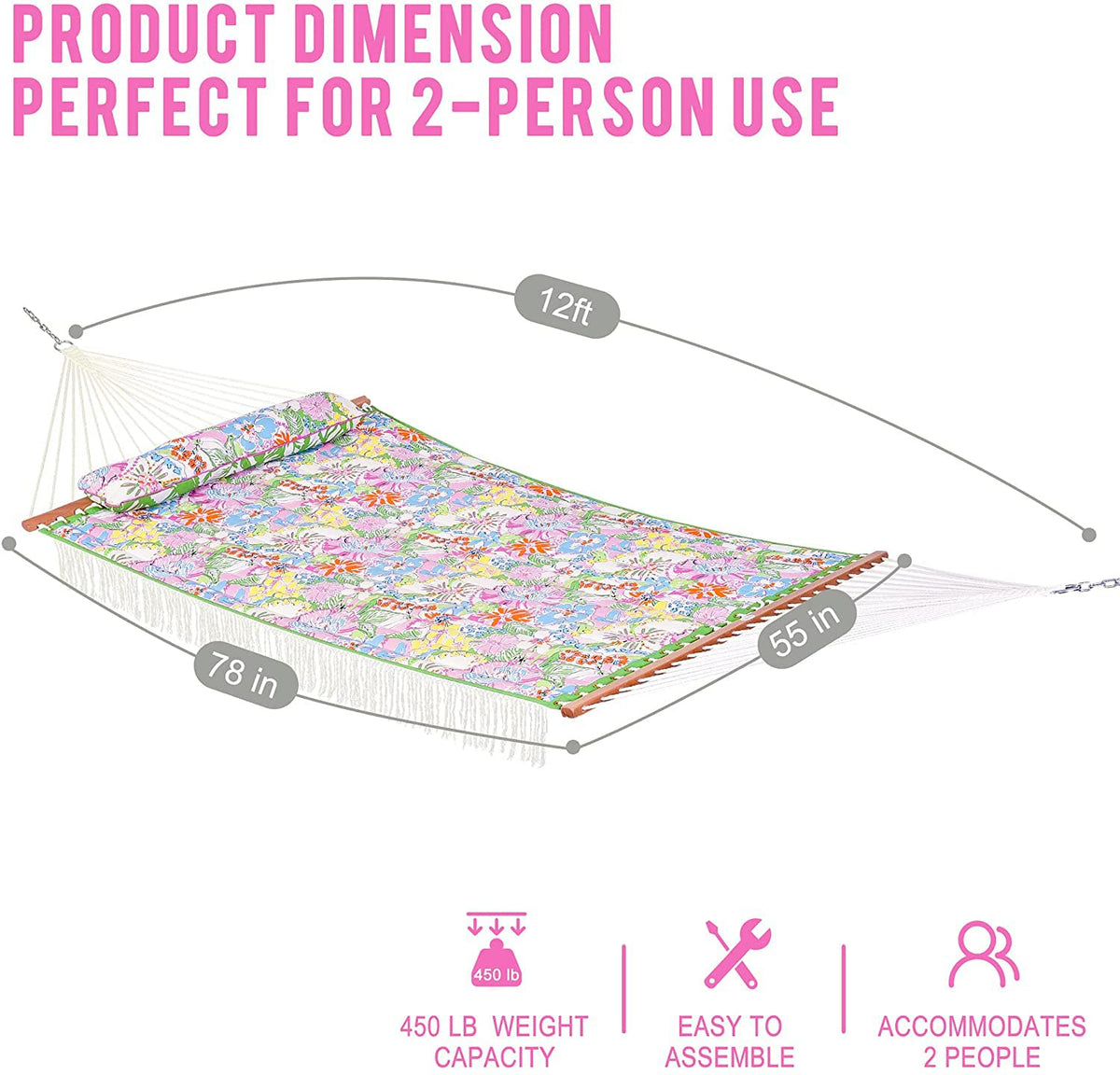 Lazy Daze Hammocks 55-inch hardwood spreader bar provides balanced, sturdy setup.