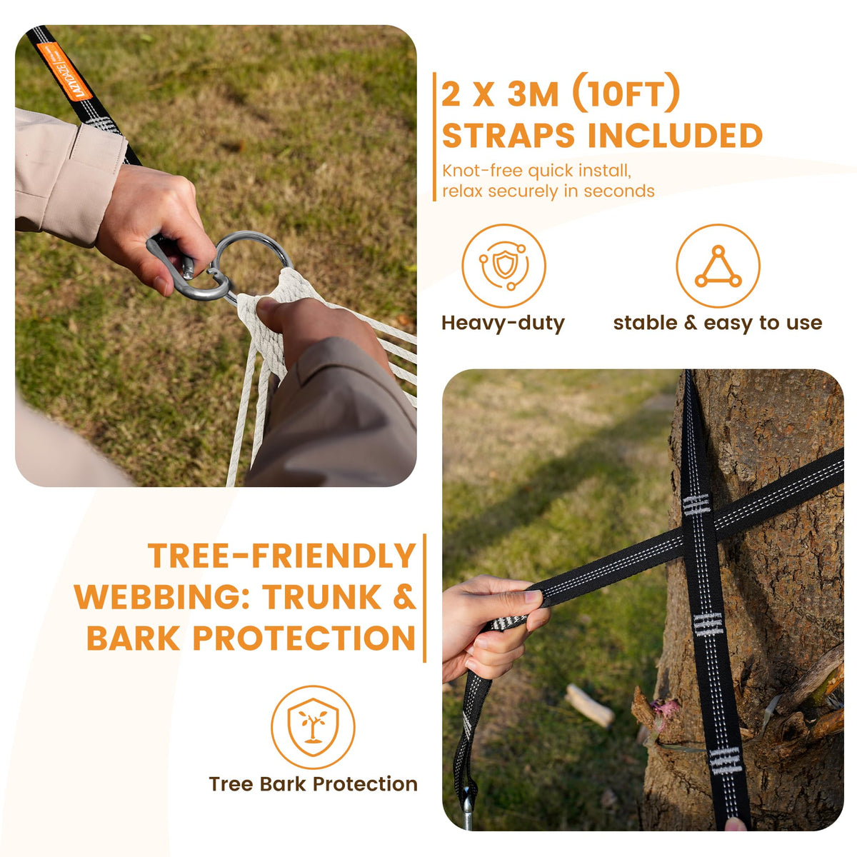 Lazy Daze Hammocks includes carabiners and straps for quick tree hanging