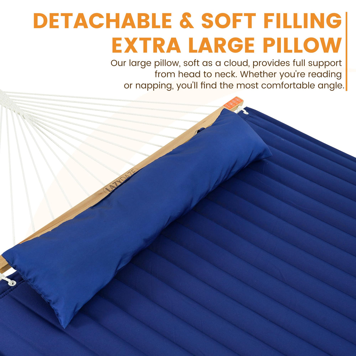 Lazy Daze Hammocks detachable pillow adds plush support during relaxation.