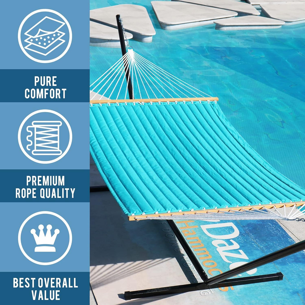 Lazy Daze Hammocks detachable pillow adds neck comfort.