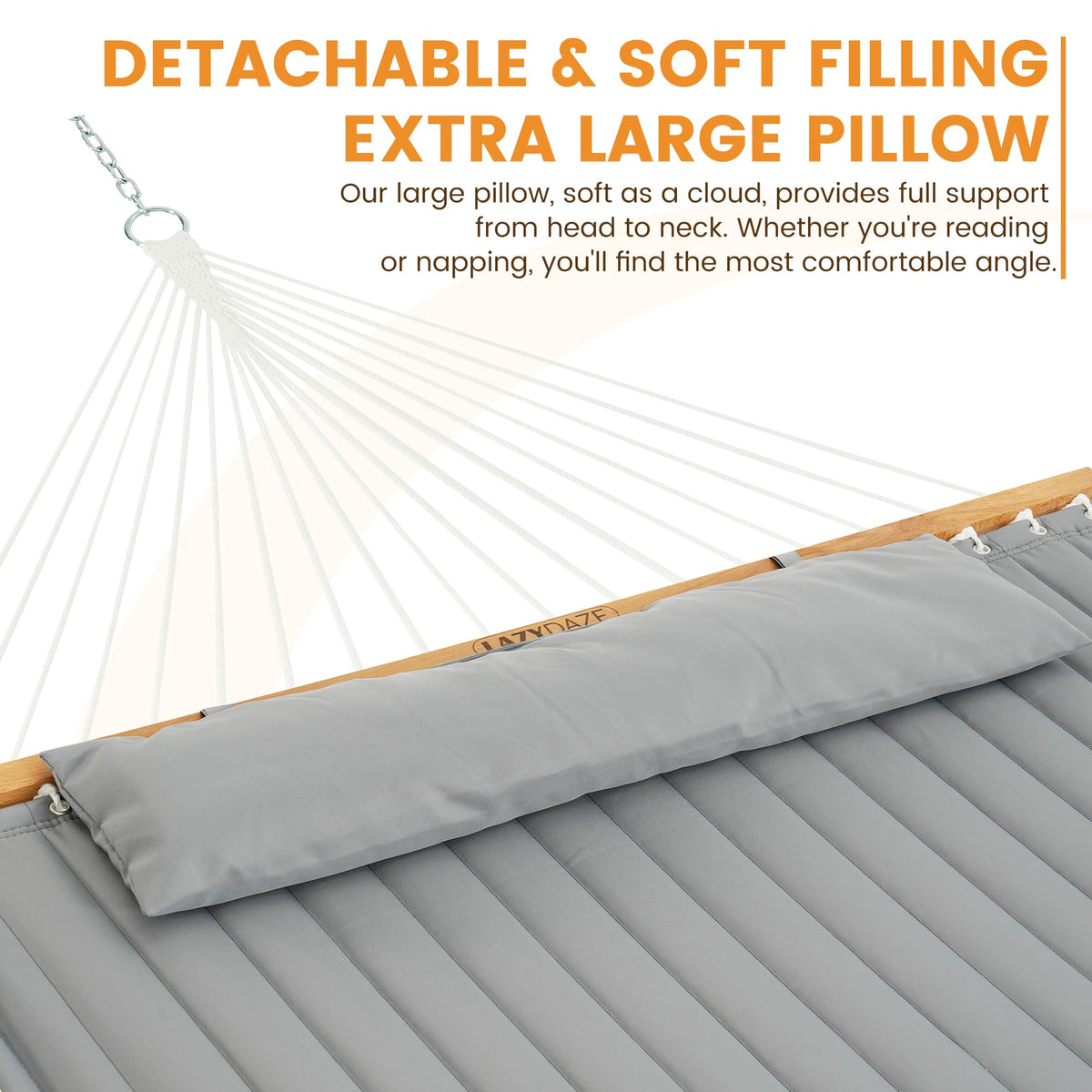Lazy Daze Hammocks detachable pillow enhances comfort while relaxing outside.