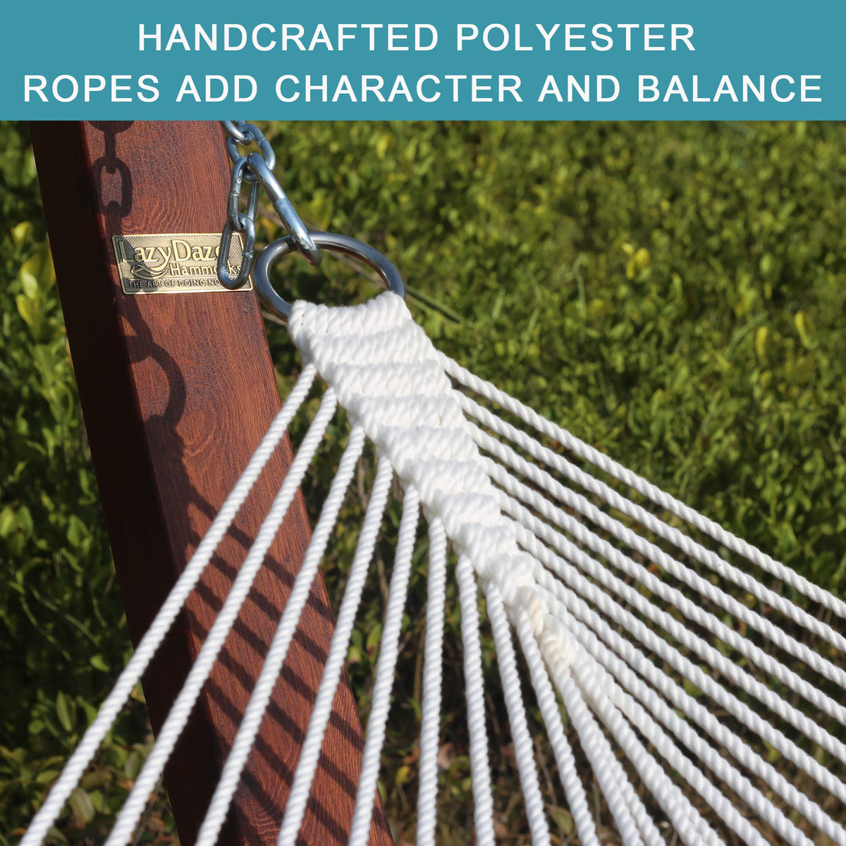 Lazy Daze Hammocks elegant tassels decorating the hammock outdoors.