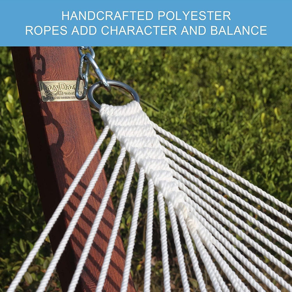 Lazy Daze hammock between trees illustrates natural setup for patio or yard.