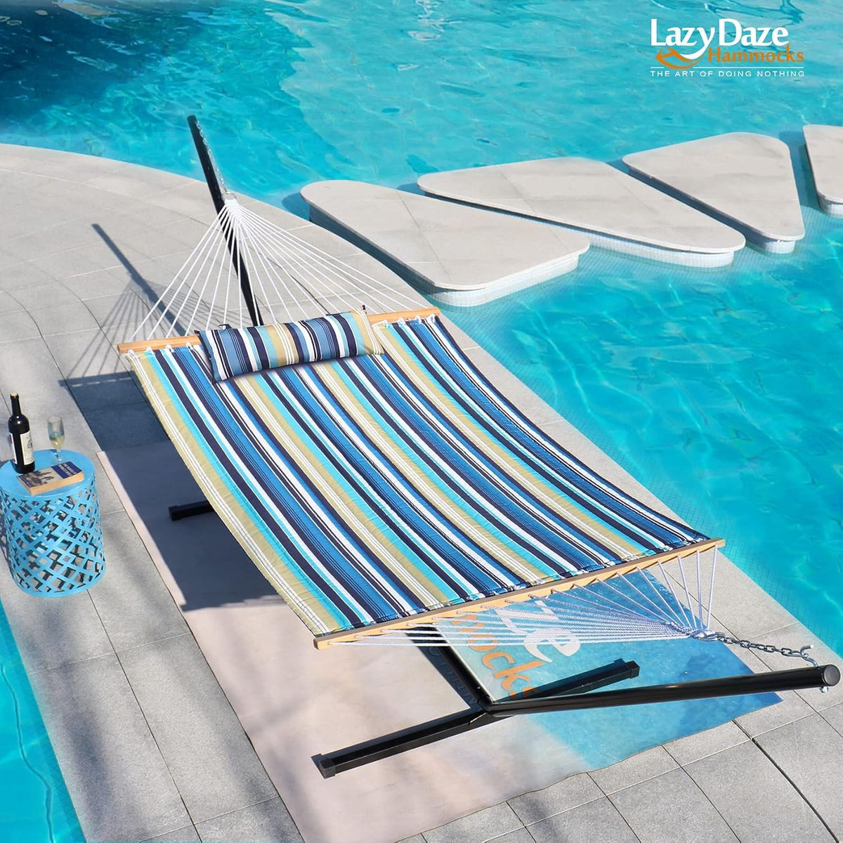 Lazy Daze Hammocks includes hammock, chains, and detachable pillow for quick setup