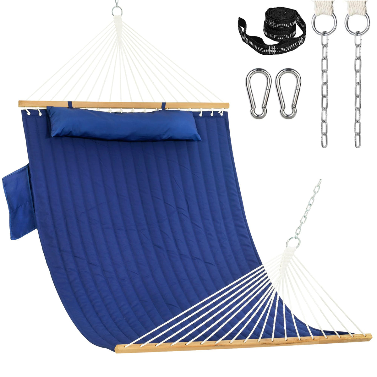 Lazy Daze Hammocks two-person quilted hammock between trees for roomy outdoor lounging.